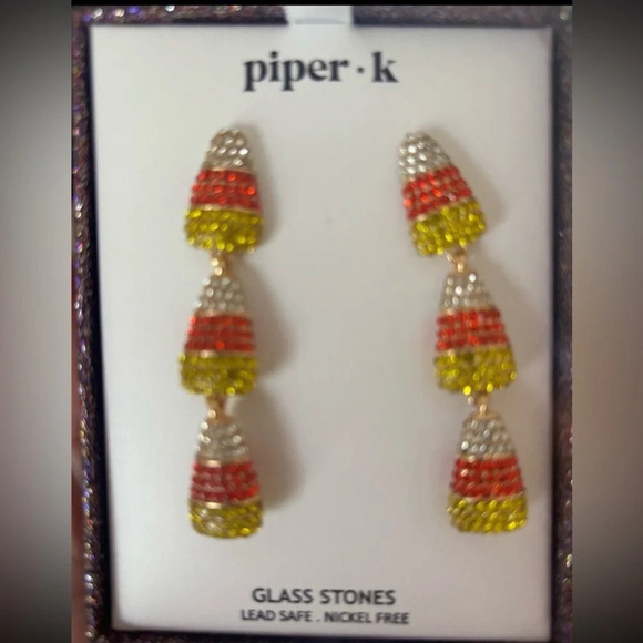 PIPER K Halloween Linear Triple Candy Corn Dangle Drop Crystal Earrings NEW NWT - Picture 3 of 4